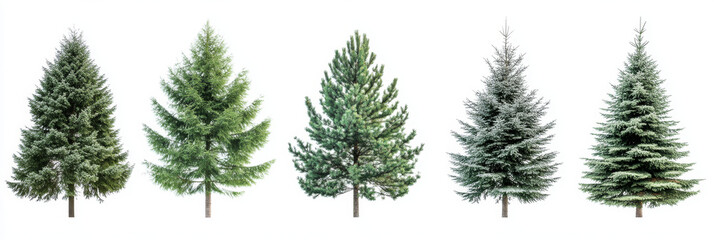 Set of different tree species, showcasing their unique shapes and foliage, isolated against a white background.
