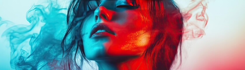 A woman with flowing hair immersed in vibrant colors and smoke, conveying emotion and artistic expression.