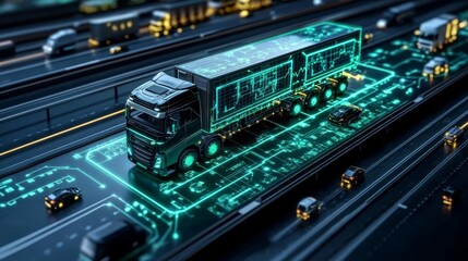 Fleet Management Software, holographic vehicle monitoring, deep black and neon green, advanced transport control center