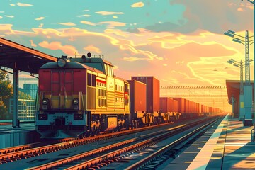 Fototapeta premium Vibrant Sunset at a Train Station with Freight Train and Cargo Containers