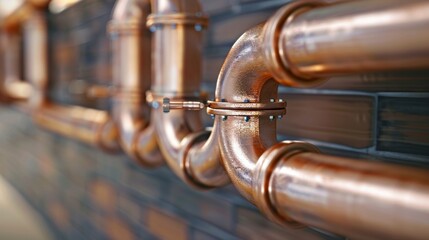 Fototapeta premium Copper pipes against a dark brick wall, varying thicknesses connected by couplings with screws. Depth of field blurs background, shiny surface reflects light, adding texture.