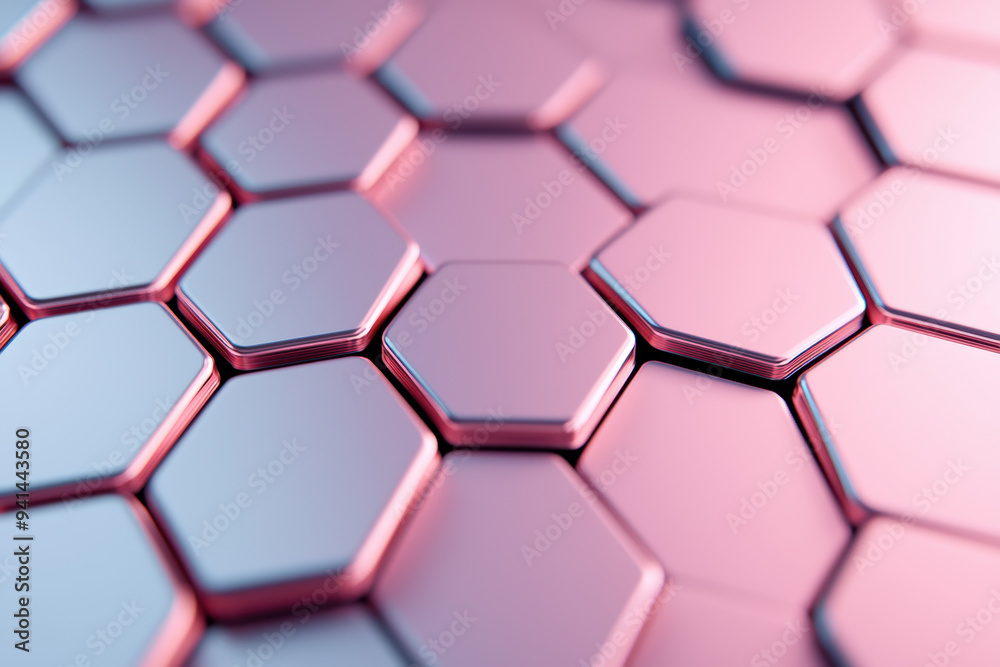 Poster smooth metallic hexagonal tiles in pink and blue creating a geometric pattern, ideal for abstract te