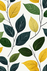 Fototapeta premium Stylish pattern with yellow and green leaves on a white background. Minimalist foliage design for textiles, wallpapers, and more.
