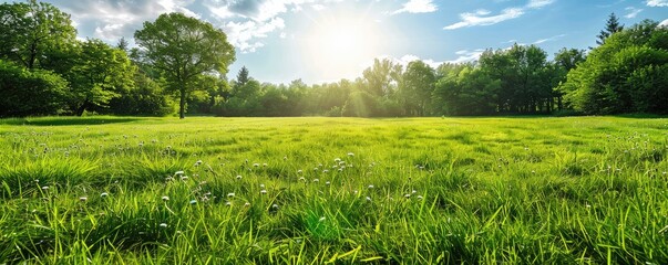 A wide, open green field extends towards the horizon with a bright sun shining in the blue sky, representing peace and natural beauty