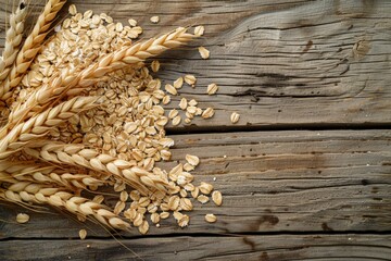 A rustic scene of raw oats and wheat stalks on a weathered wooden table, capturing the essence of natural, wholesome ingredients.