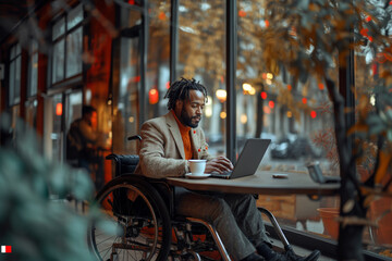 Obraz premium Focused black disabled man in wheelchair working with documents, using laptop at home office. Handicapped Afro man sitting at desk with computer, checking financial reports. 