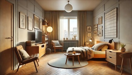 Fototapeta premium 温かみのあるミッドセンチュリーモダン風ワンルームインテリア
