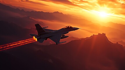 A Chinese fighter jet soaring over the Great Wall, leaving red and gold trails in the sky, photorealistic, dramatic lighting, focus on military power and national pride