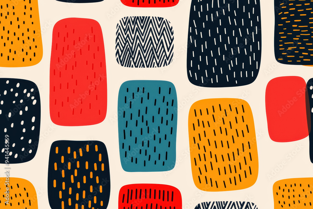 Poster colorful abstract geometric pattern with hand-drawn textures and shapes, creating a playful and mode