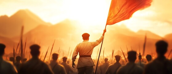 A powerful image of leader the Long March, surrounded by determined followers, mountainous terrain, photorealistic, focus on resilience and national revolution