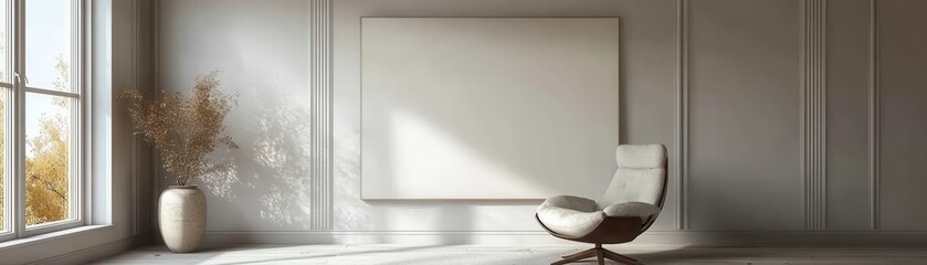 Modern Minimalist Interior with White Chair and Large Canvas in Sunlit Room