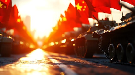 A parade featuring military displays and communist symbols, Chinese flags waving, bright daylight, photorealistic, focus on national strength and anniversary celebration