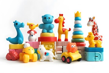Obraz premium Colorful Collection of Children's Toys Featuring Animals and Stacking Blocks