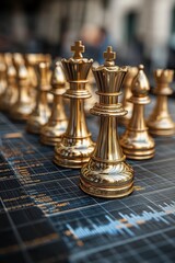Golden Chess Pieces on Financial Data Chart Representing Strategy and Investment Concepts