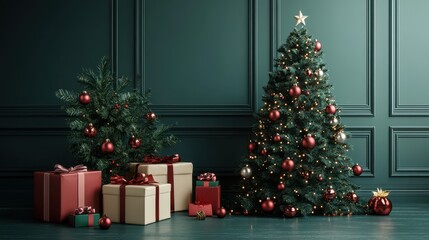 Elegant Christmas Scene with Decorated Tree and Wrapped Gifts in Luxurious Green Room