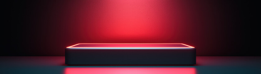 Obraz premium Futuristic neon-lit platform in a dark setting with red glowing accents, suitable for showcasing products, tech events, or modern presentations.