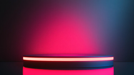 Obraz premium Modern minimalist podium with red neon lighting on dark background. Ideal for product showcase, futuristic designs, or tech presentations.
