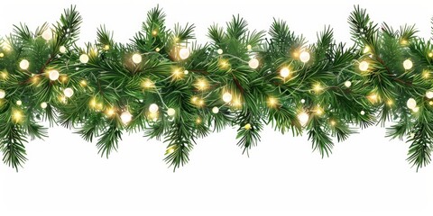 Bright and festive green garland adorned with white lights. Ideal Christmas decoration, perfect for adding holiday cheer to any setting. High-quality stock image for seasonal design needs.