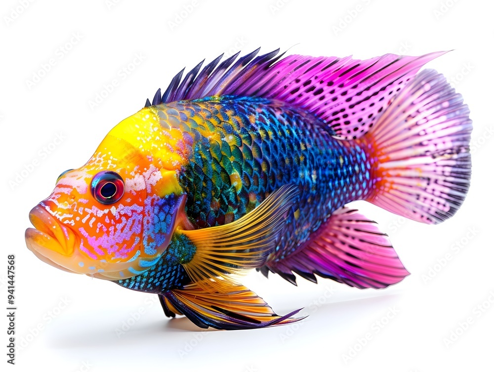 Wall mural strikingly colorful cichlid fish showcasing vibrant hues and unique patterns on white background