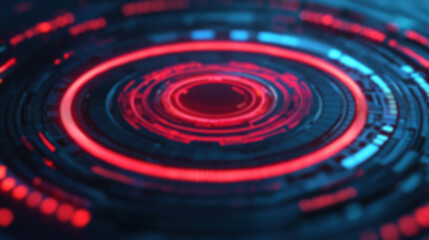 Futuristic red and blue digital interface with circular patterns, resembling a high-tech display or control panel in a sci-fi environment.