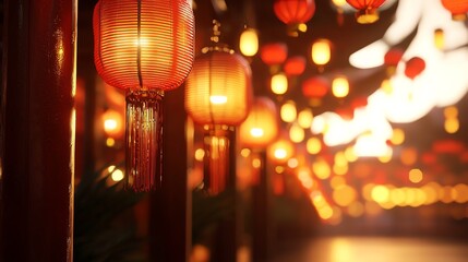 Red banners and lanterns, Chinese national anniversary street scene, 3D illustration