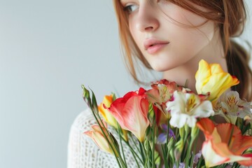 A woman holds a bouquet of fresh flowers, ideal for wedding or anniversary celebrations