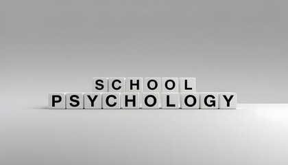 school psychology word or concept represented by black and white letter cubes on a grey horizon background stretching to infinity isolated with white highlights, png