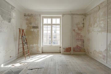 Empty Room in Renovation with Ladder and Natural Light Streaming In