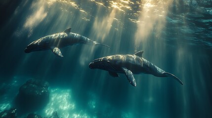 Obraz premium Two humpback whales swim through sunlit ocean water.