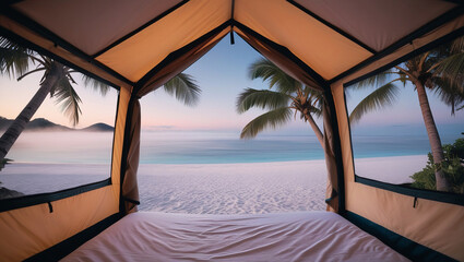 Obraz premium Scenic Sunset Beach View from Inside a Cozy Camping Tent