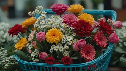 A close-up shot of fresh flowers arranged in a shopping basket