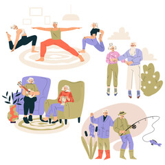 Naklejka premium Nursing Home with Retired Man and Woman Character Doing Different Activity Vector Set