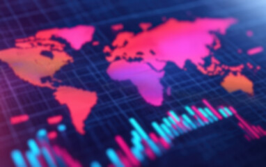 Obraz premium Vibrant digital world map with abstract glowing patterns, indicating global data analytics and trends on a futuristic grid background.