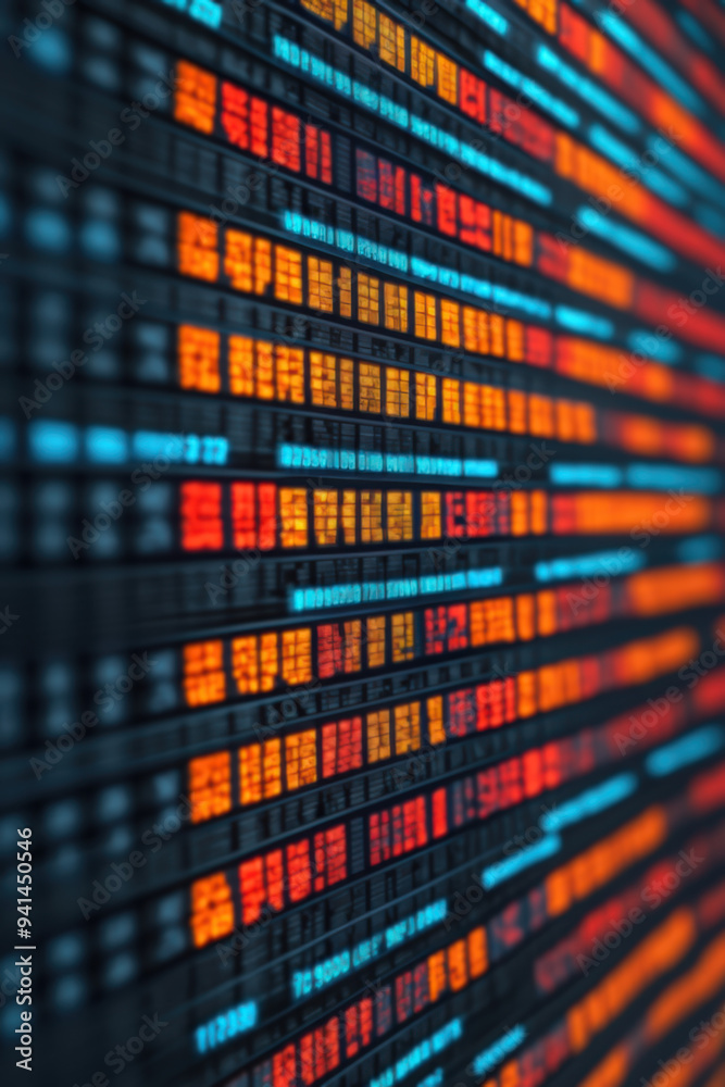 Poster abstract closeup of a data screen filled with colorful digital numbers and codes, showcasing modern 