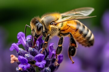 Fototapeta premium A honey bee on a lavender flower, with the soft purple tones contrasting against the warm, golden hues of the bee