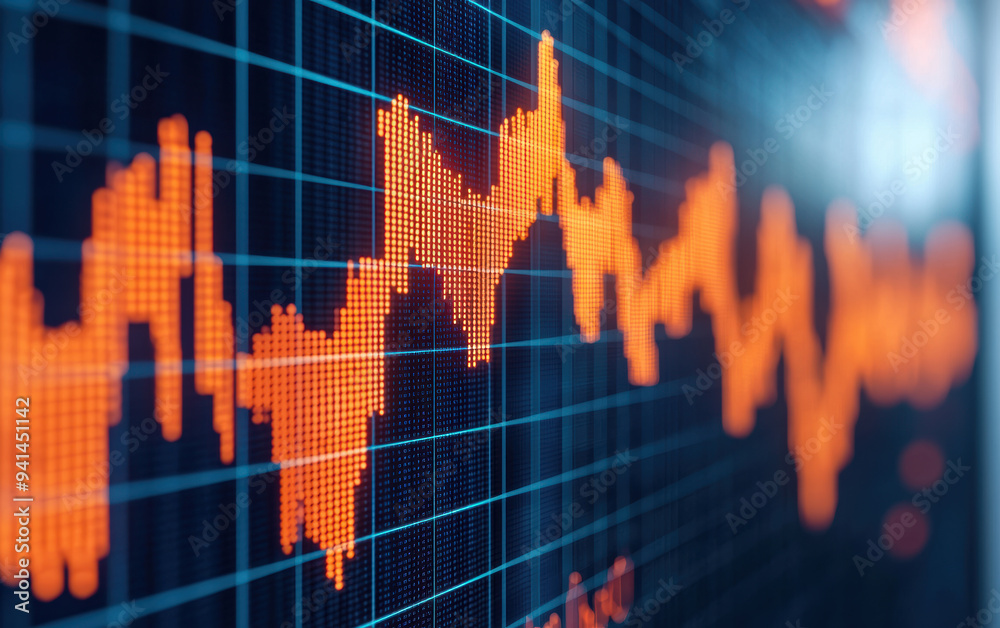 Poster close-up view of a financial graph on a digital screen with fluctuating data points and a grid backg