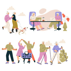 Nursing Home with Retired Man and Woman Character Doing Different Activity Vector Set