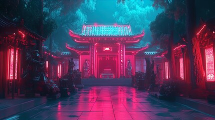 Obraz premium The image depicts a traditional Chinese temple at night, bathed in vibrant neon pink and blue lighting, giving it a futuristic and cyberpunk aesthetic. The temple features classic architectural elemen