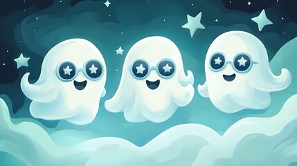 Obraz premium Whimsical Jolly Ghost Trio in Star-Shaped Glasses Vector Illustration for Halloween - Fun and Pastel Cute Ghosts Floating in Swirling Fog on Shirt Design