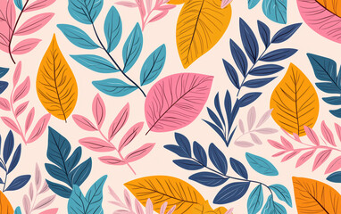  pattern with colorful leaves in varied shapes and vibrant shades, creating a lively and artistic design perfect for backgrounds and prints.