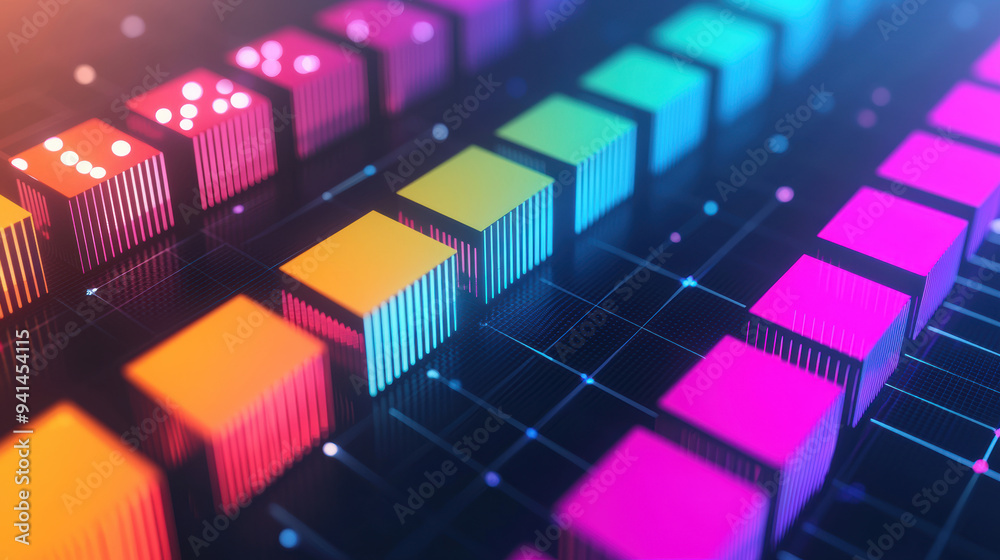 Poster vibrant digital representation of data blocks and abstract networks, illustrating modern technology 