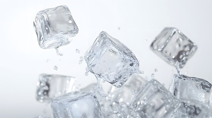 CG Floating Ice Cubes: Perfectly clear CG ice cubes hovering above a white background, with detailed textures and light reflections.
