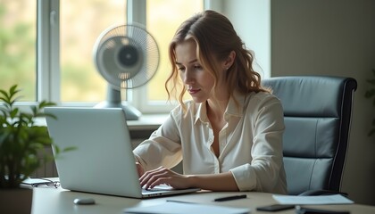 Obraz premium A Young businesswoman suffering from summer heat, sitting in office workplace with a laptop notebook