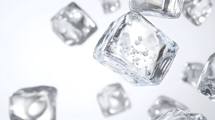 CG Floating Ice Cubes: Perfectly clear CG ice cubes hovering above a white background, with detailed textures and light reflections.
