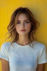 Fototapeta premium Clean top half body portrait of a young woman in a white t-shirt, with a yellow blur background, ideal for clothing brand imagery.