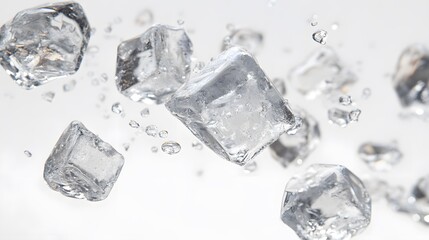 Obraz premium CG Floating Ice Cubes: Perfectly clear CG ice cubes hovering above a white background, with detailed textures and light reflections. 