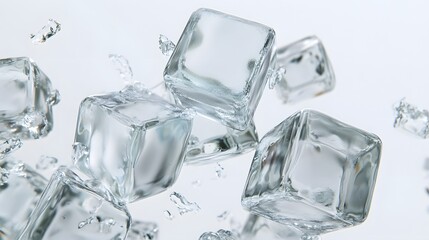 CG Floating Ice Cubes: Perfectly clear CG ice cubes hovering above a white background, with detailed textures and light reflections.
