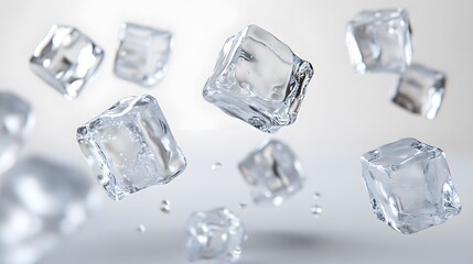 CG Floating Ice Cubes: Perfectly clear CG ice cubes hovering above a white background, with detailed textures and light reflections.
