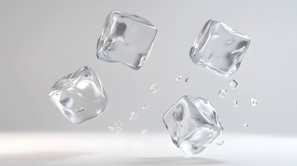 CG Floating Ice Cubes: Perfectly clear CG ice cubes hovering above a white background, with detailed textures and light reflections.
