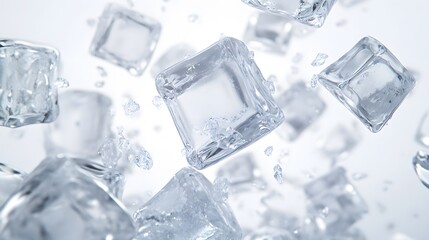 CG Floating Ice Cubes: Perfectly clear CG ice cubes hovering above a white background, with detailed textures and light reflections.
